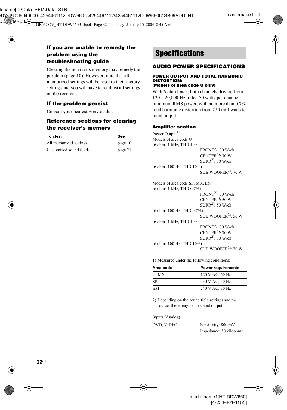 If the problem persist, Audio power specifications, Specifications | Sony HT-DDW660 User Manual | Page 32 / 36