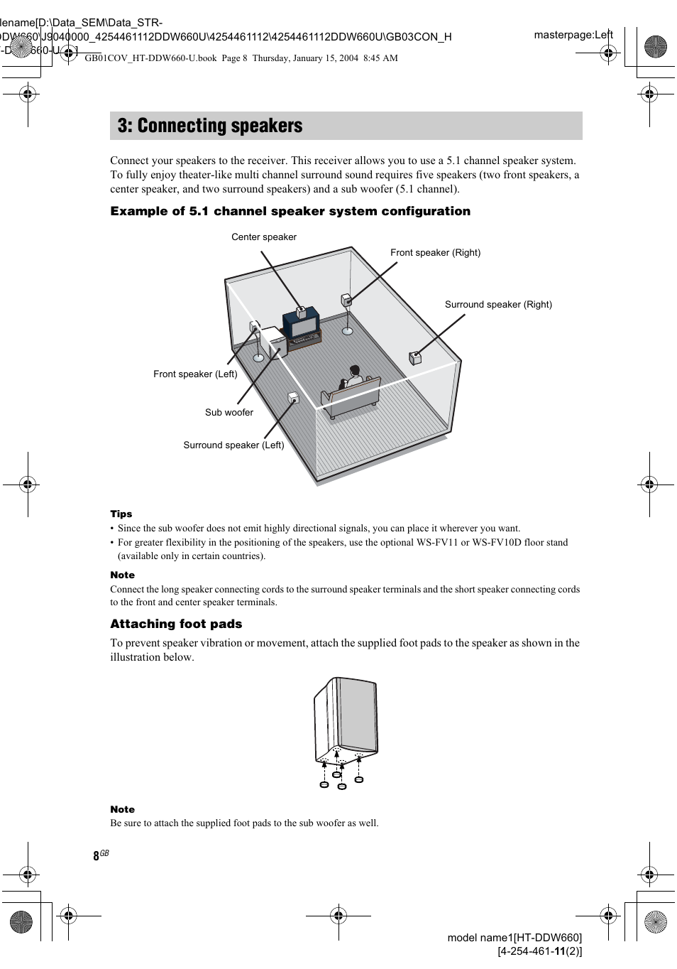 Attaching foot pads, Connecting speakers | Sony HT-DDW660 User Manual | Page 8 / 36