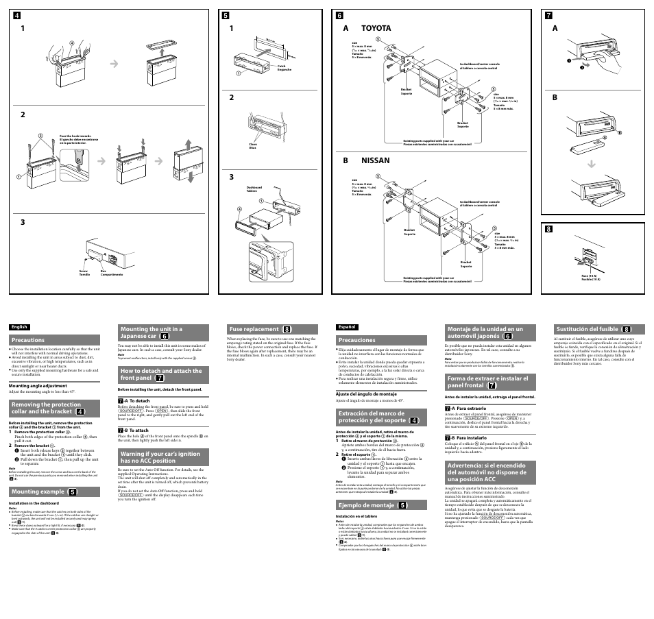 Atoyota b nissan, Fuse replacement ( ), Sustitución del fusible ( ) | Mounting the unit in a japanese car ( ), How to detach and attach the front panel ( ), Warning if your car’s ignition has no acc position, Montaje de la unidad en un automóvil japonés ( ), Forma de extraer e instalar el panel frontal ( ), Precauciones, Ejemplo de montaje ( ) | Sony CDX-GT66UPW User Manual | Page 2 / 2