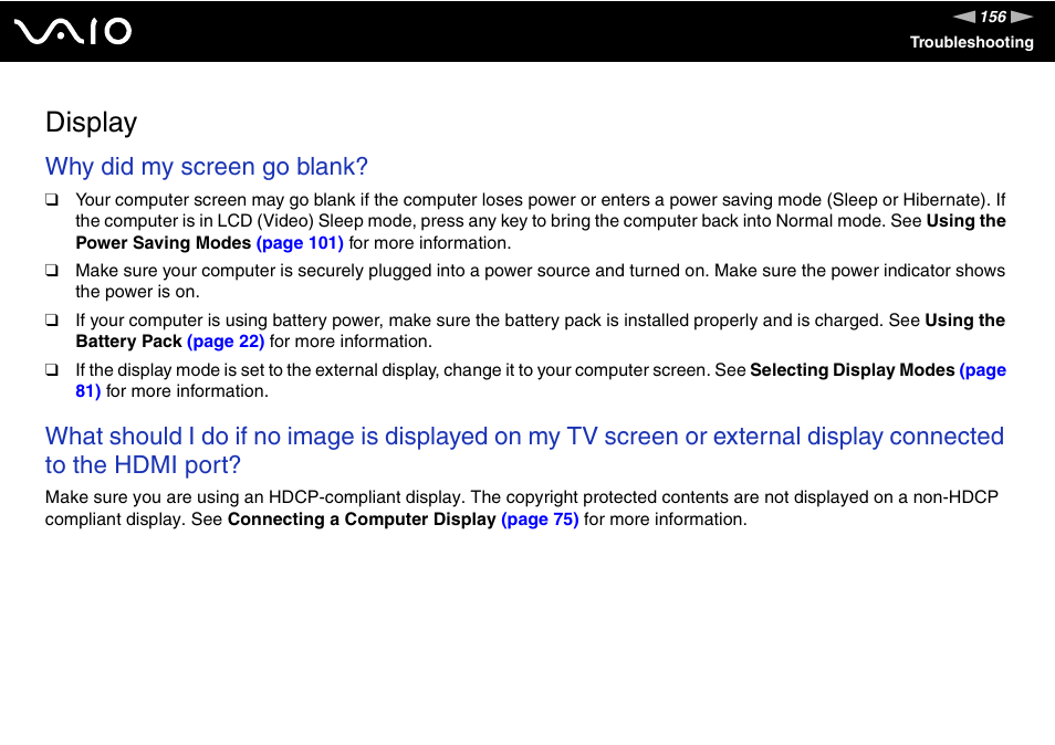 Display, Why did my screen go blank | Sony VGN-FW170J User Manual | Page 156 / 191