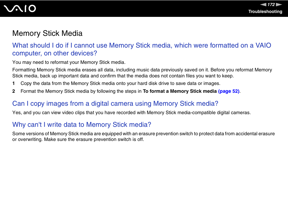 Memory stick media | Sony VGN-FW170J User Manual | Page 172 / 191