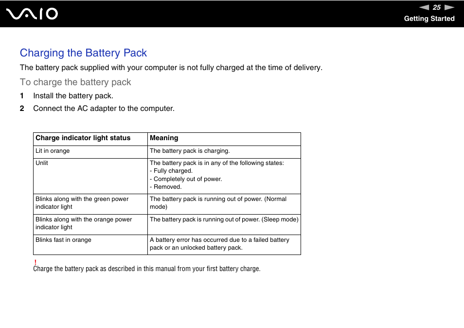 Charging the battery pack | Sony VGN-FW170J User Manual | Page 25 / 191