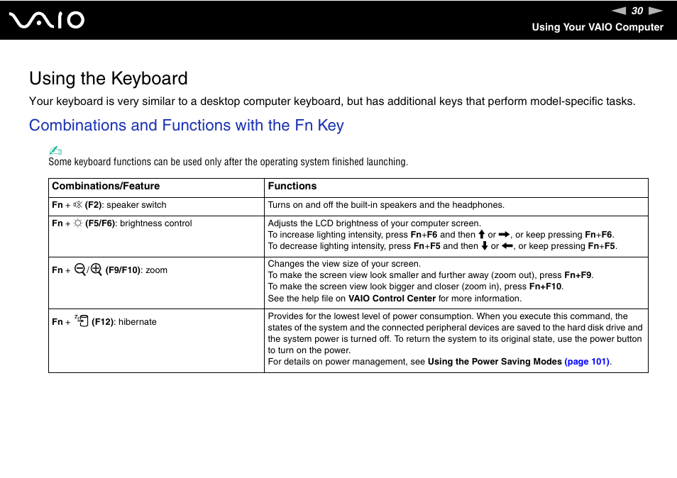 Using the keyboard, Combinations and functions with the fn key | Sony VGN-FW170J User Manual | Page 30 / 191