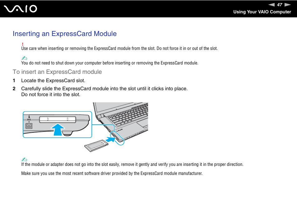 Inserting an expresscard module | Sony VGN-FW170J User Manual | Page 47 / 191