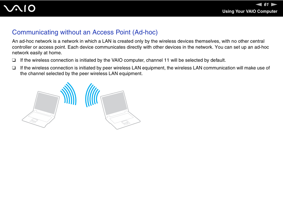 Communicating without an access point (ad-hoc) | Sony VGN-FW170J User Manual | Page 61 / 191