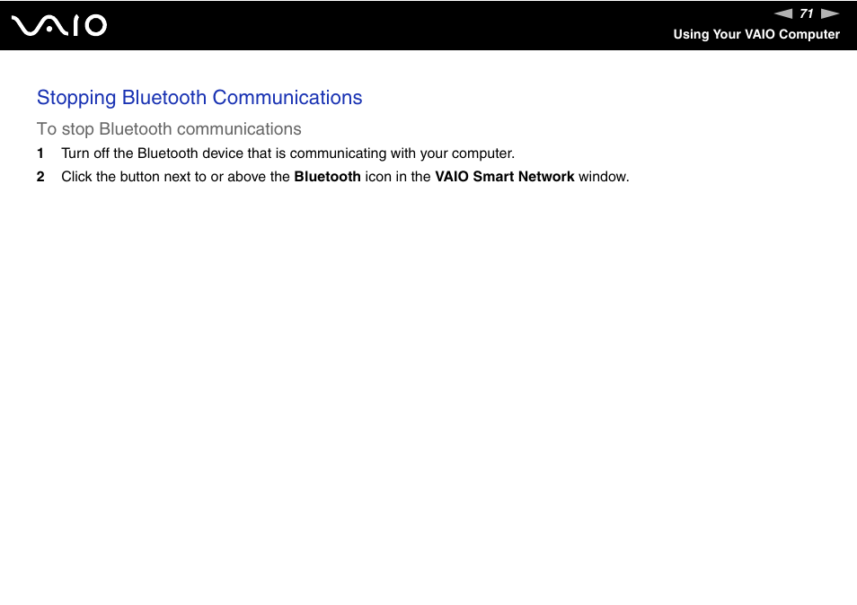 Stopping bluetooth communications | Sony VGN-FW170J User Manual | Page 71 / 191