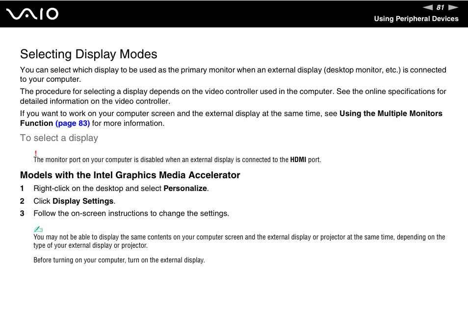 Selecting display modes | Sony VGN-FW170J User Manual | Page 81 / 191