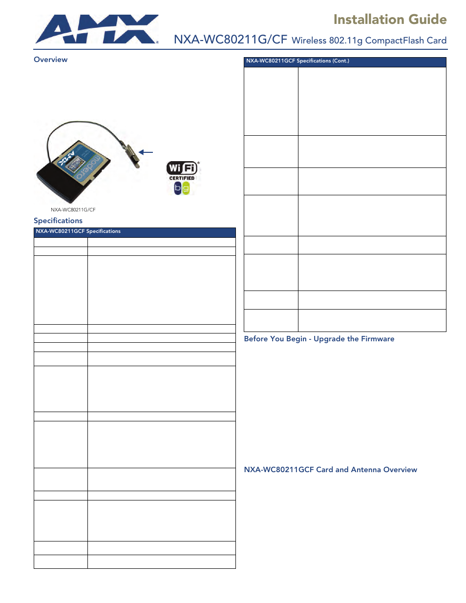AMX Wireless Compact Flash Card NXA-WC80211GCF User Manual | 6 pages