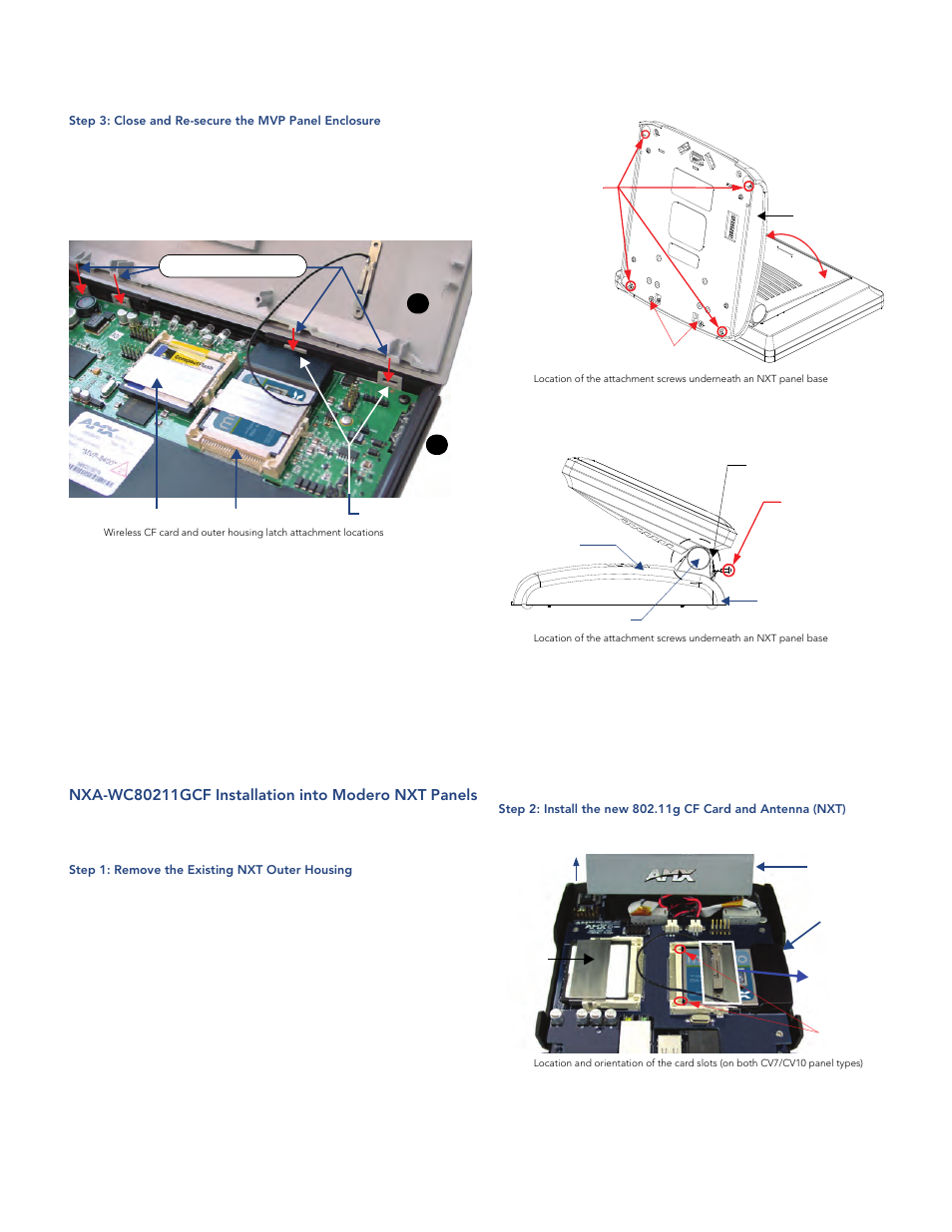 Nxa-wc80211gcf installation into modero nxt panels, Step 1: remove the existing nxt outer housing, Step 3: close and re-secure the mvp panel | Installation guide | AMX Wireless Compact Flash Card NXA-WC80211GCF User Manual | Page 3 / 6