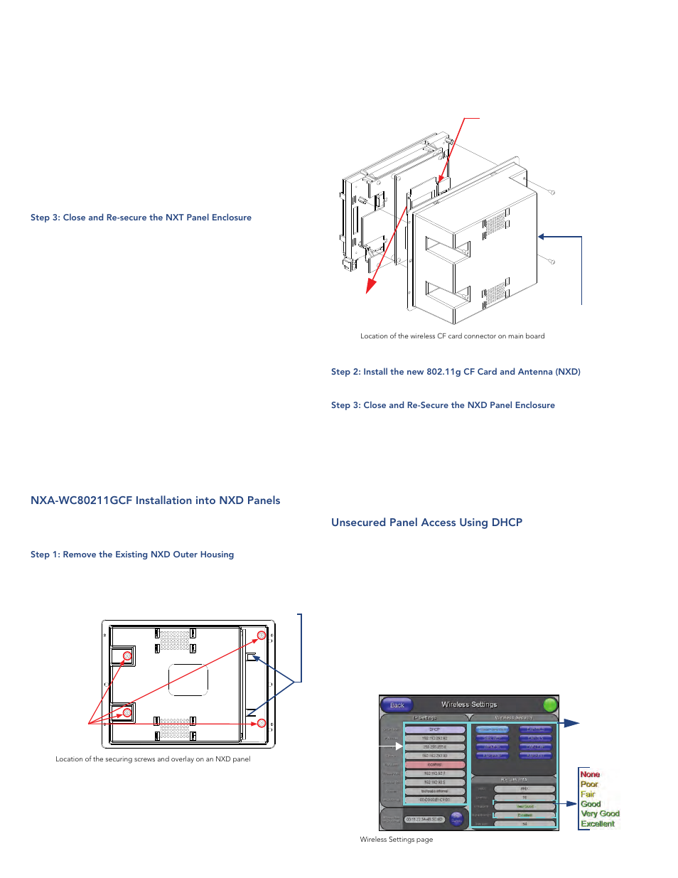 Nxa-wc80211gcf installation into nxd panels, Step 1: remove the existing nxd outer housing, Unsecured panel access using dhcp | AMX Wireless Compact Flash Card NXA-WC80211GCF User Manual | Page 4 / 6
