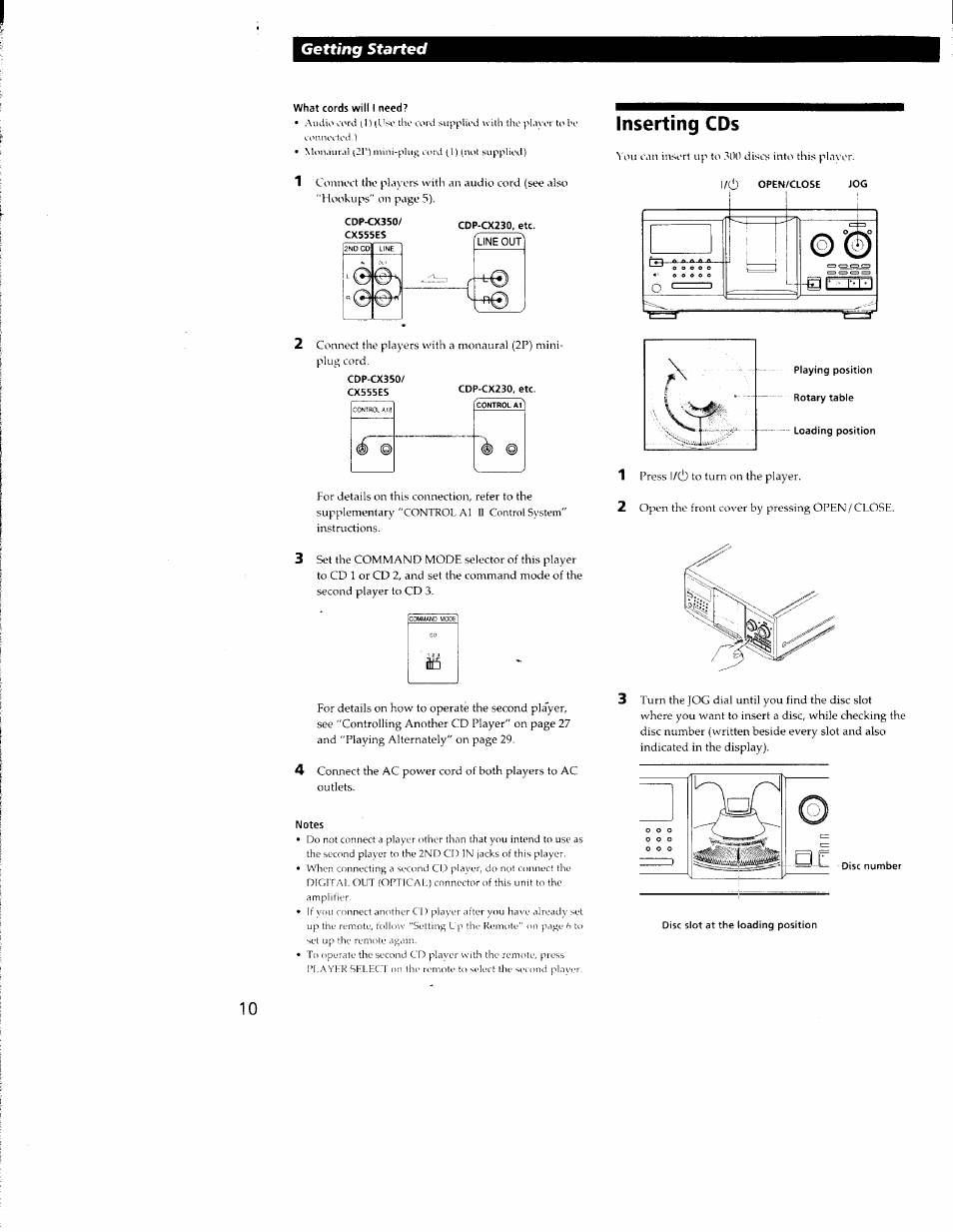 What cords will i need, Notes, Inserting cds | Getting started | Sony CDP-CX350 User Manual | Page 10 / 42