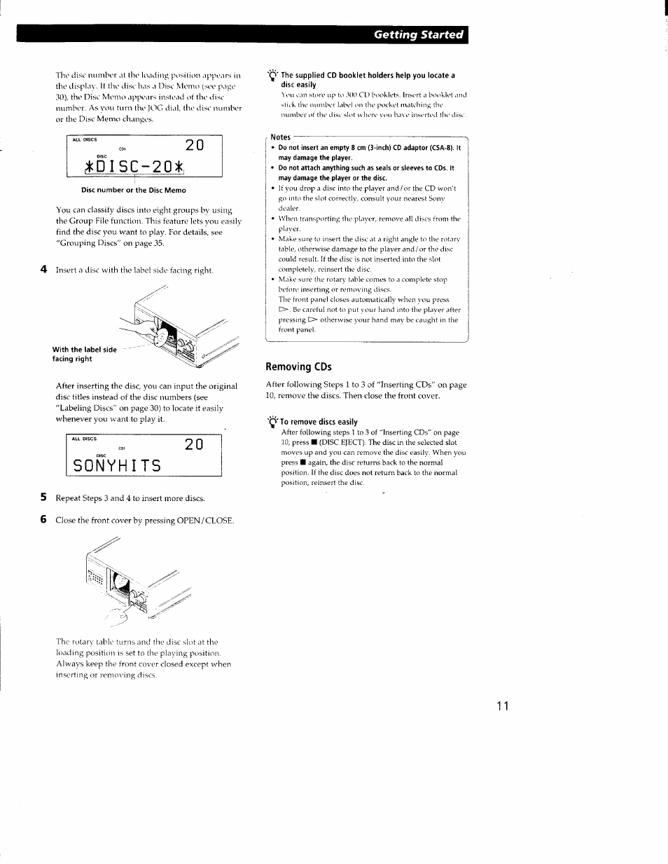 Notes, Removing cds, Q'to remove discs easily | 2 0 misc, Getting started | Sony CDP-CX350 User Manual | Page 11 / 42