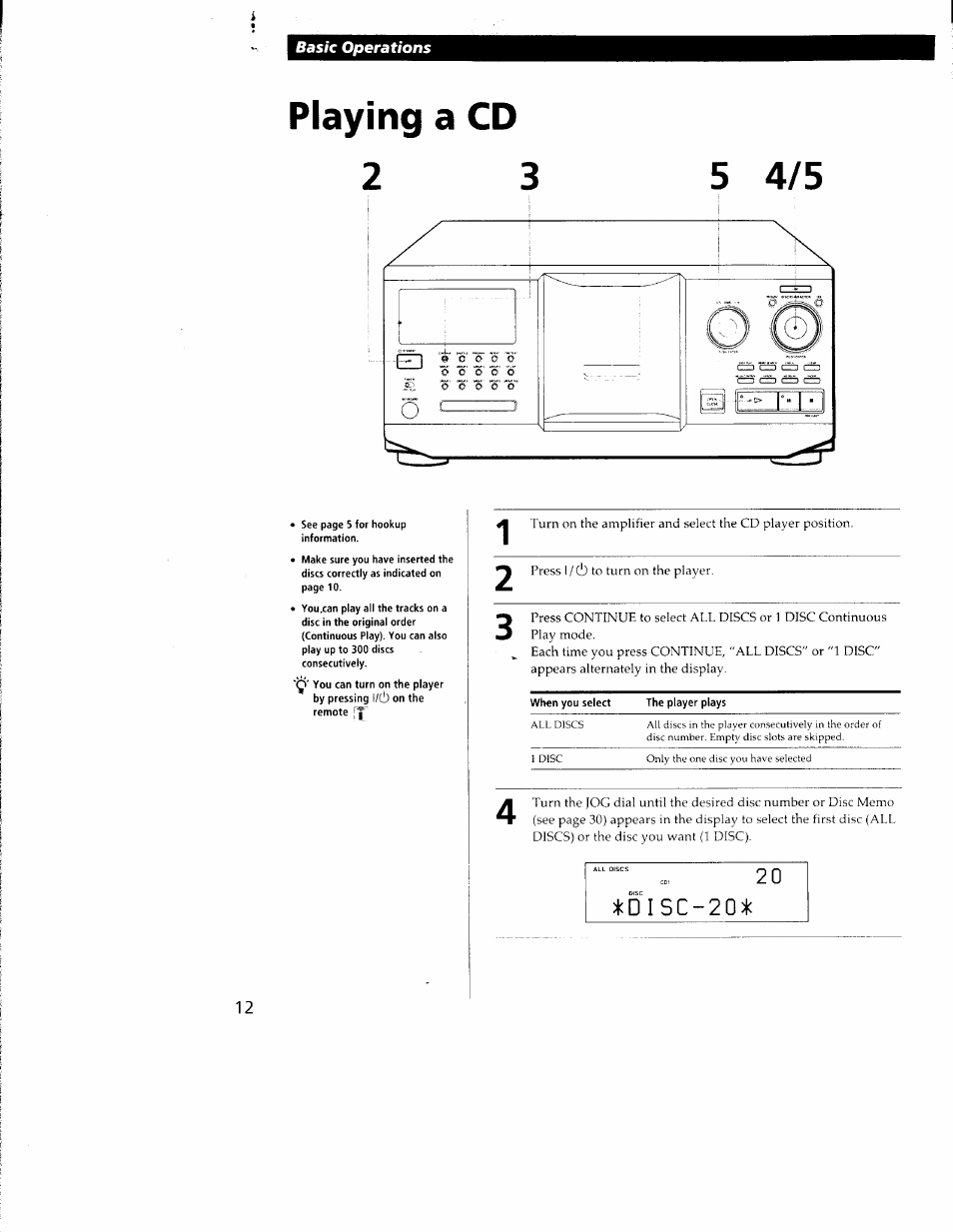 Playing a cd, Lcdisc-20)|c | Sony CDP-CX350 User Manual | Page 12 / 42