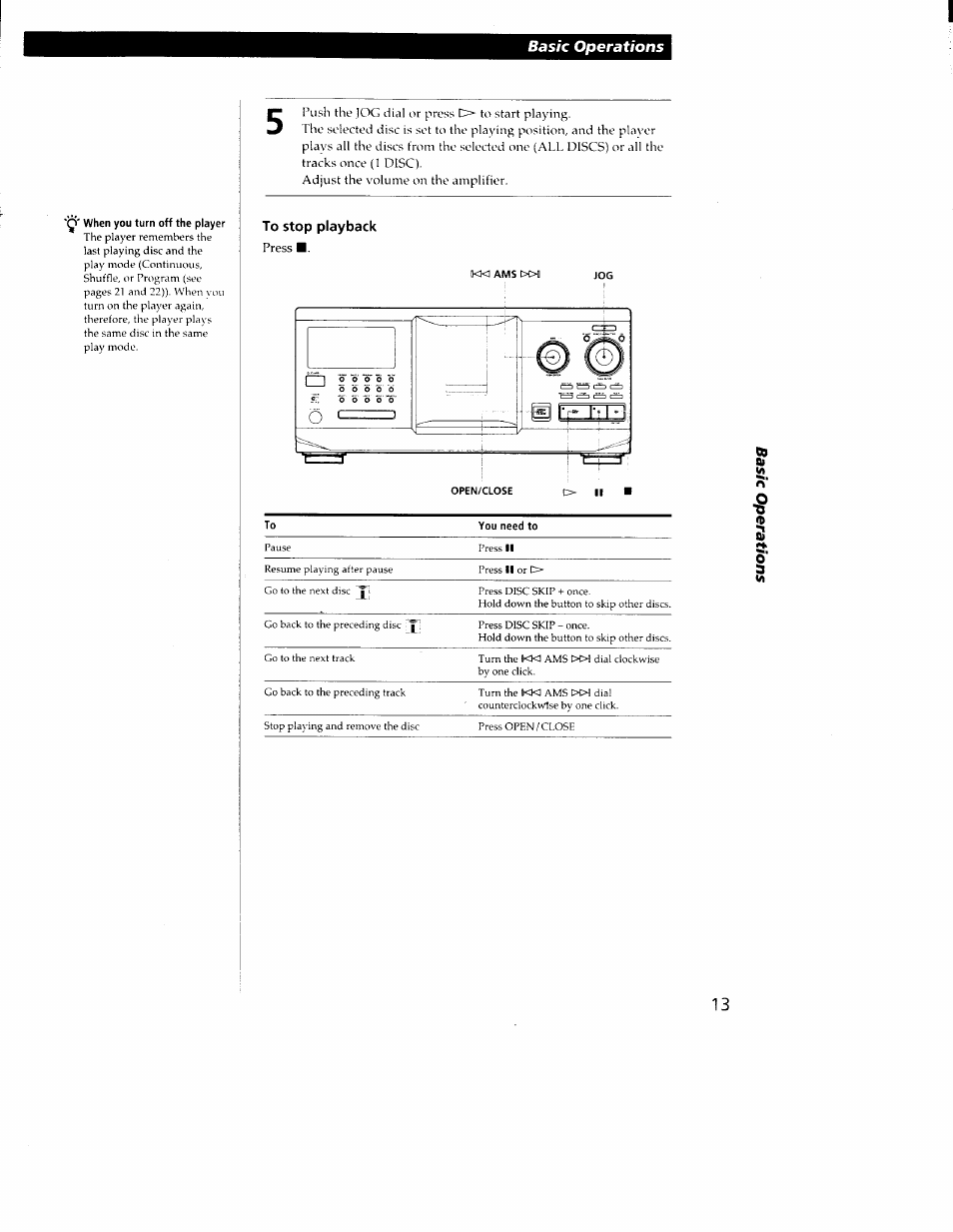 When you turn off the player, To stop playback, Open/close | Basic operations | Sony CDP-CX350 User Manual | Page 13 / 42