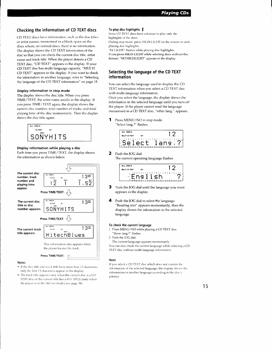Checking the information of cd text discs, Display information in stop mode, Display information while playing a disc | Notes, To play disc highlights j, Selecting the language of the cd text information, Select lang, To check the current language, Se l ec t l an g, E n gli s h | Sony CDP-CX350 User Manual | Page 15 / 42