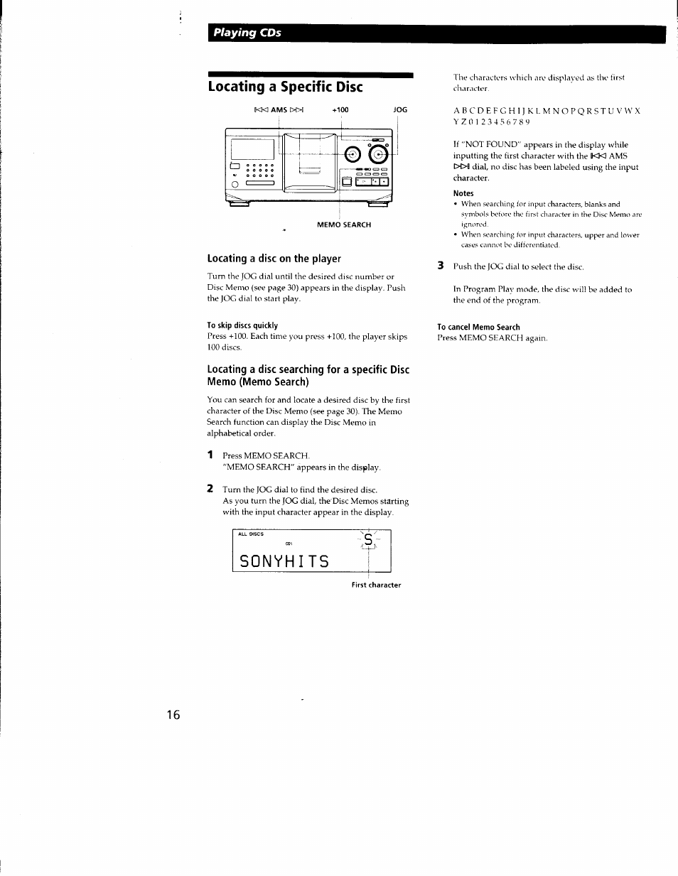 Locating a specific disc, Locating a disc on the player, To skip discs quickly | Sonyhits, Notes, To cancel memo search, Playing cds | Sony CDP-CX350 User Manual | Page 16 / 42