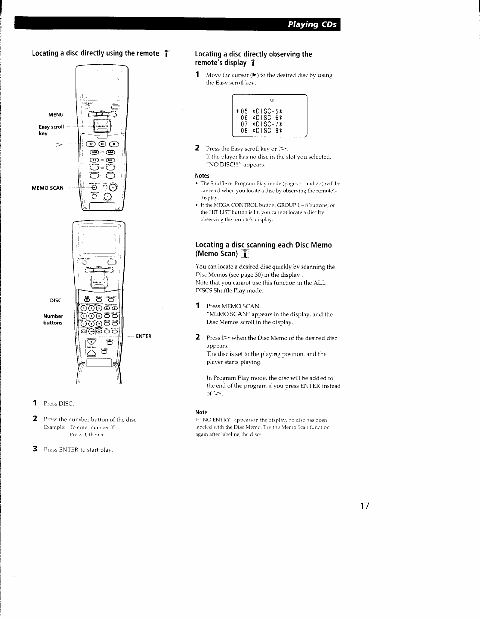 Notes, Note, Playing cds | Locating a disc directly using the remote | Sony CDP-CX350 User Manual | Page 17 / 42