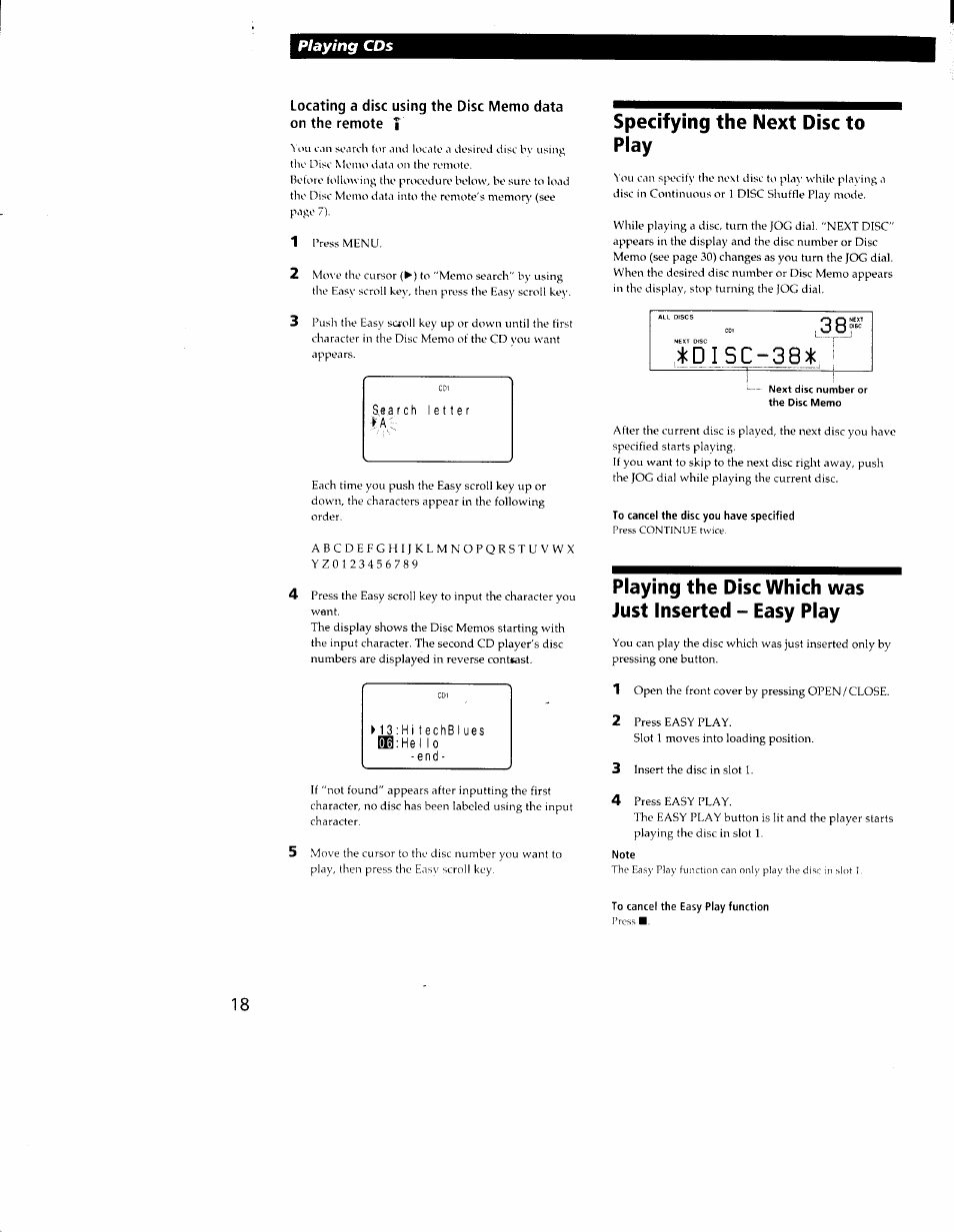 Specifying the next disc to play, To cancel the disc you have specified, Note | To cancel the easy play function, Playing cds | Sony CDP-CX350 User Manual | Page 18 / 42