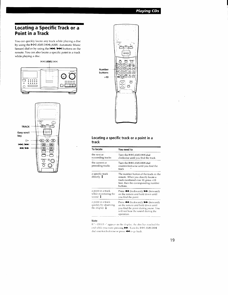 Locating a specific track or a point in a track, Note, Playing cds | Sony CDP-CX350 User Manual | Page 19 / 42