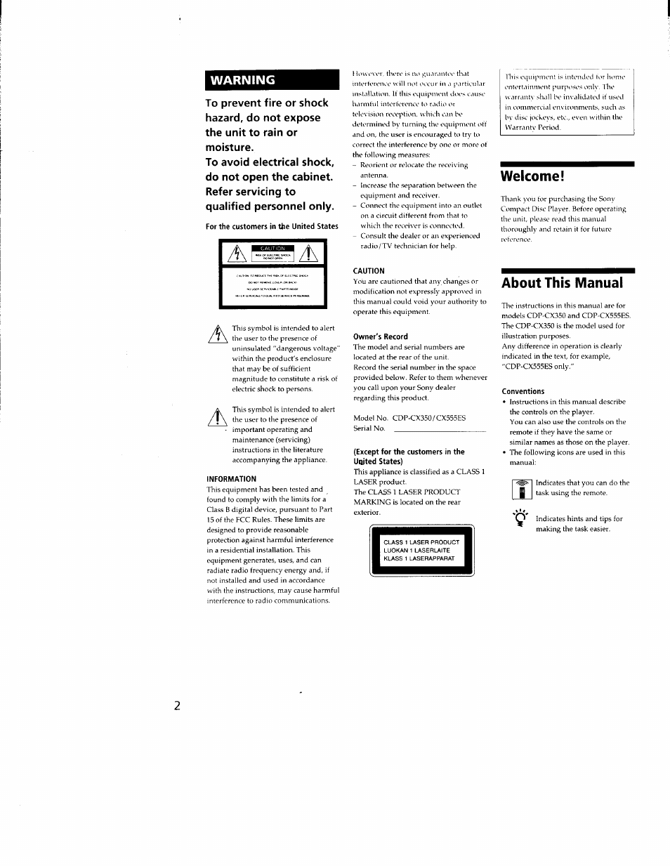 For the customers in the united states, Information, Caution | Owner's record, Except for the customers in the uojted states), Welcome, About this manual, Conventions, Warning | Sony CDP-CX350 User Manual | Page 2 / 42