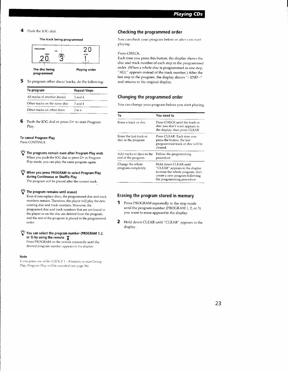 Checking the programmed order, Q' the program remains until erased, Note | Erasing the program stored in memory, Playing cds, Changing the programmed order | Sony CDP-CX350 User Manual | Page 23 / 42