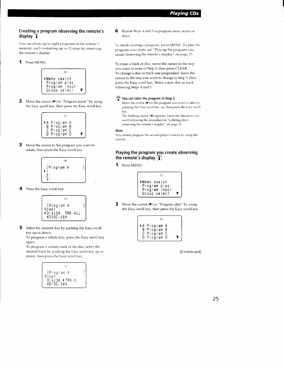 J' you can label the program in step 3, Note, Playing cds | Sony CDP-CX350 User Manual | Page 25 / 42
