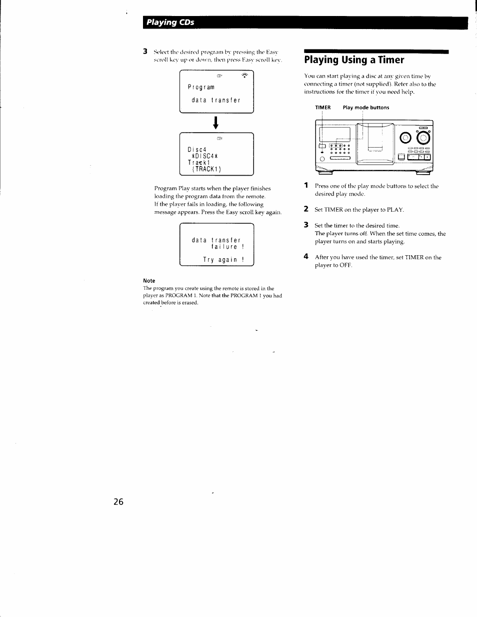 Playing using a timer, Note, Playing cds | Sony CDP-CX350 User Manual | Page 26 / 42
