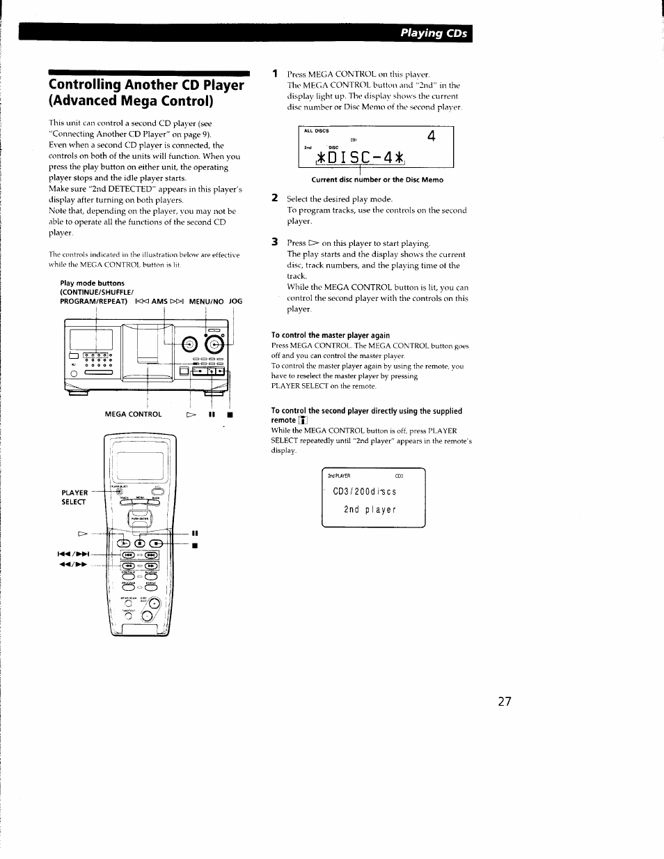 To control the master player again, Controlling another cd player (advanced, Mega control) | Playing cds | Sony CDP-CX350 User Manual | Page 27 / 42