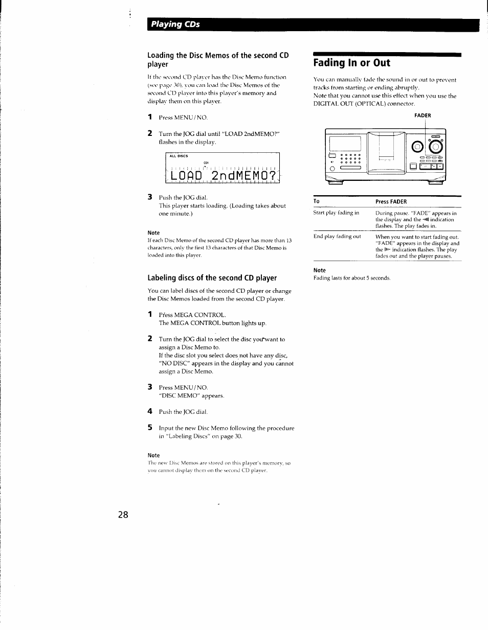 Loading the disc memos of the second cd player, Fading in or out, Note | Labeling discs of the second cd player, L oa d 2n d me m 0, Playing cds | Sony CDP-CX350 User Manual | Page 28 / 42