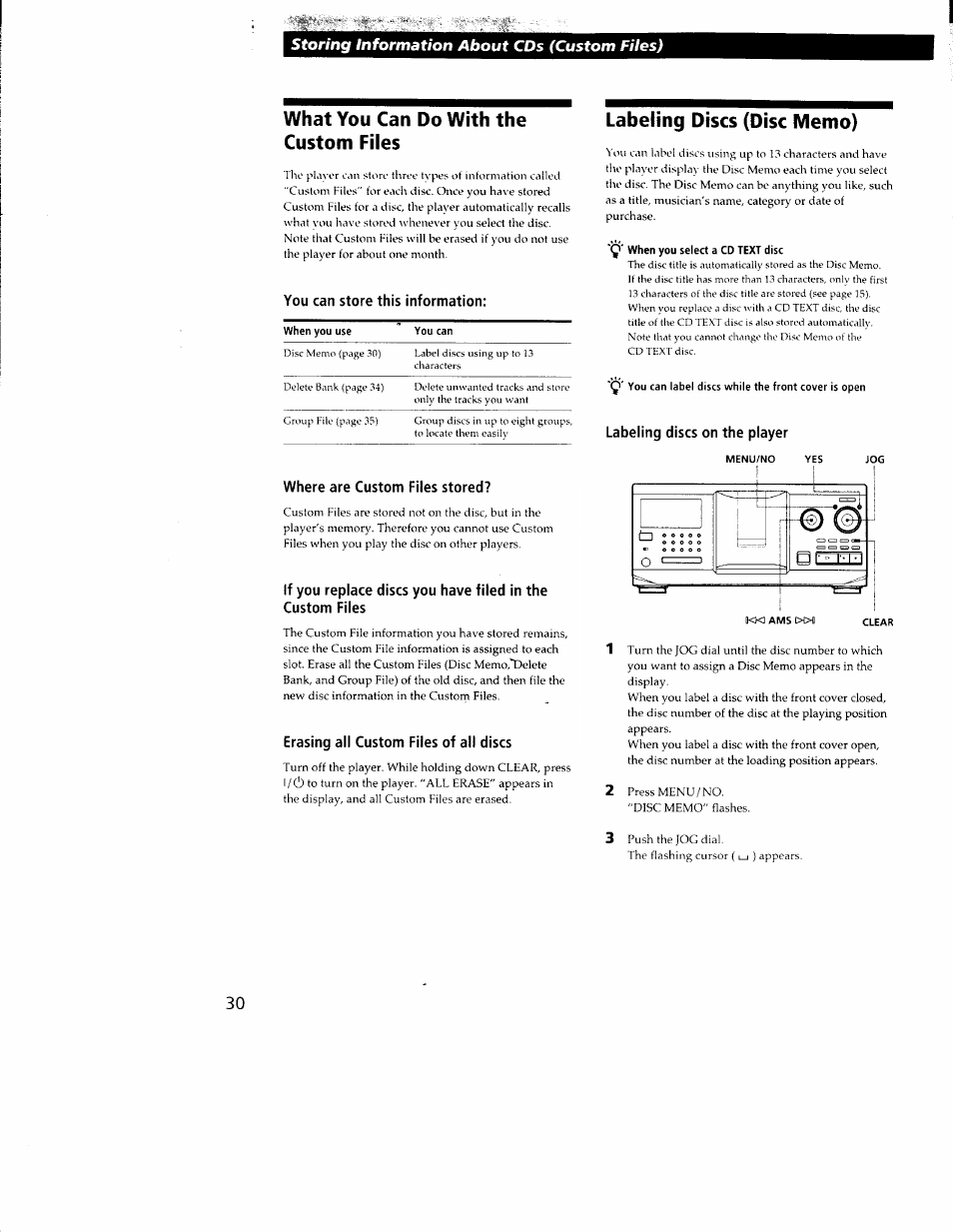 What you can do with the custom files, You can store this information, Where are custom files stored | Erasing all custom files of all discs, Labeling discs (disc memo), When you select a cd text disc, Labeling discs on the player, Storing information about, Custom files) | Sony CDP-CX350 User Manual | Page 30 / 42