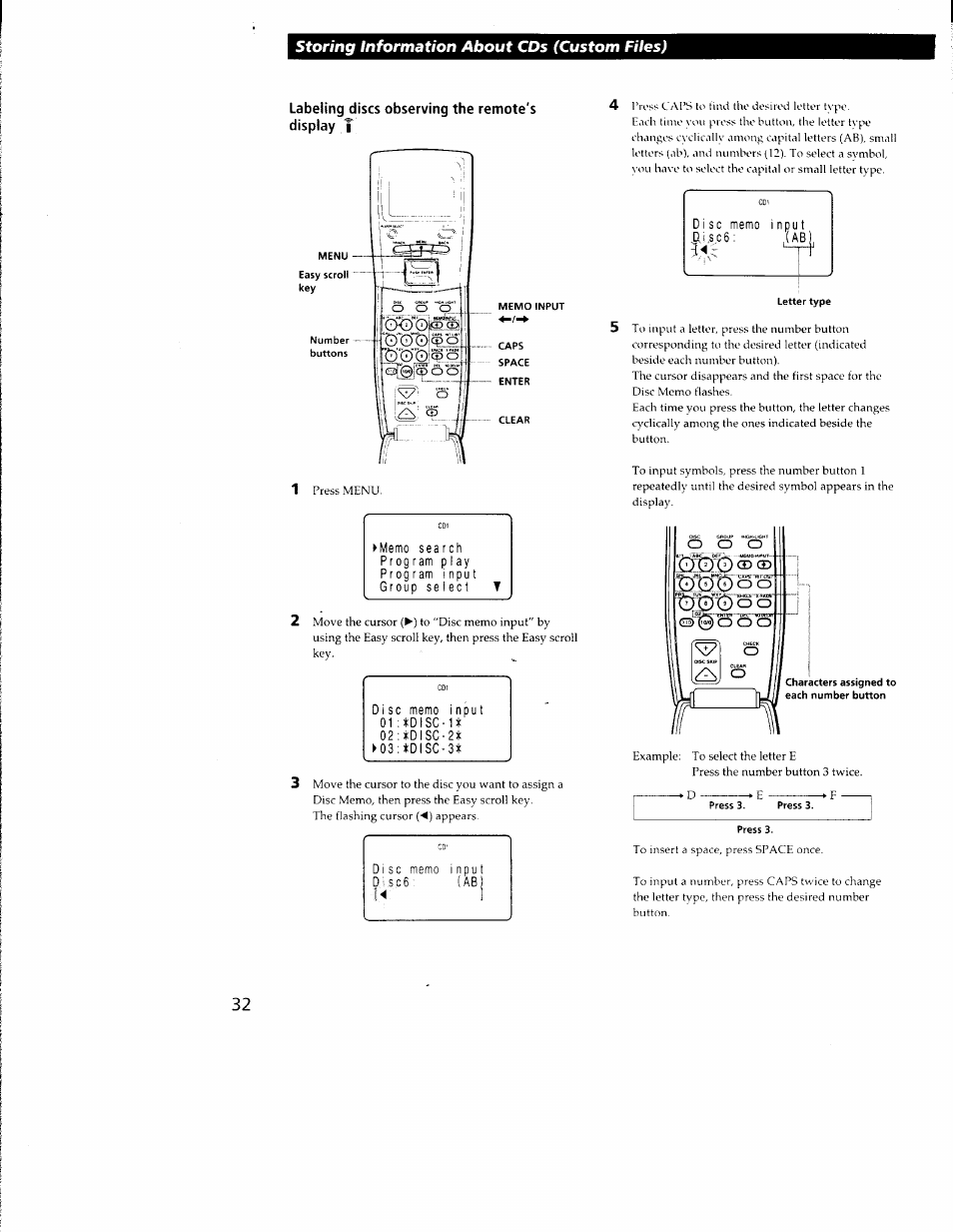 Labeling discs observing the remote's display 1, Storing information about cds (custom files) | Sony CDP-CX350 User Manual | Page 32 / 42