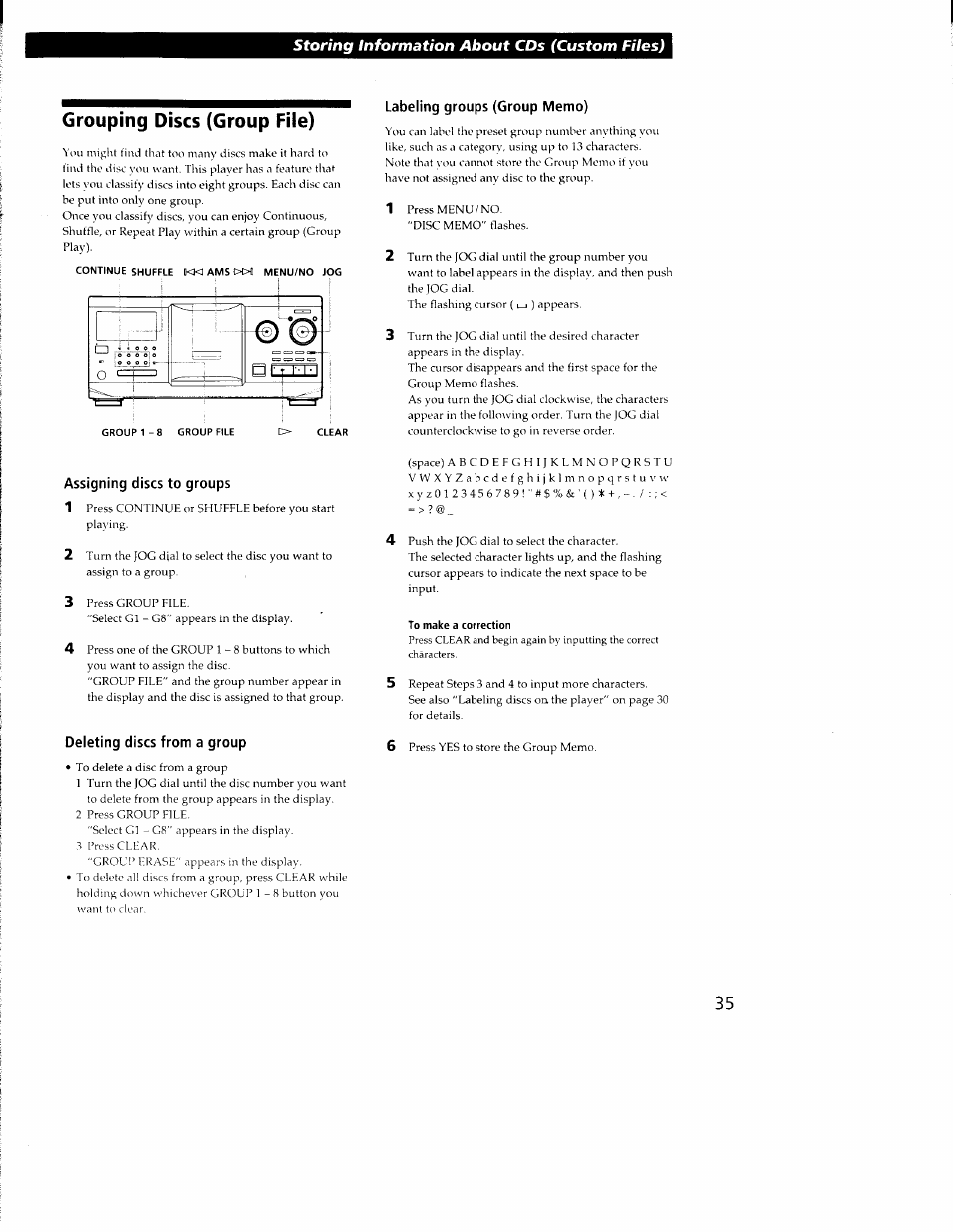 Grouping discs (group file), Labeling groups (group memo), Assigning discs to groups | Deleting discs from a group, To make a correction, Storing information about cds (custom files), Assigning discs to groups 1 | Sony CDP-CX350 User Manual | Page 35 / 42
