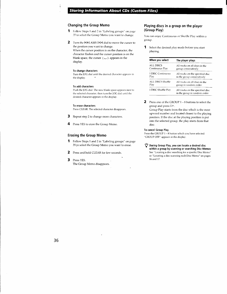 Changing the group memo, To change characters, To add characters | To erase characters, Erasing the group memo, To cancel group play, Storing information about cds (custom files) | Sony CDP-CX350 User Manual | Page 36 / 42