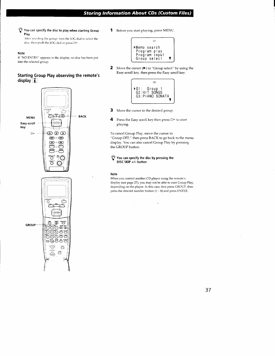 Note, Storing information about cds (custom files) | Sony CDP-CX350 User Manual | Page 37 / 42