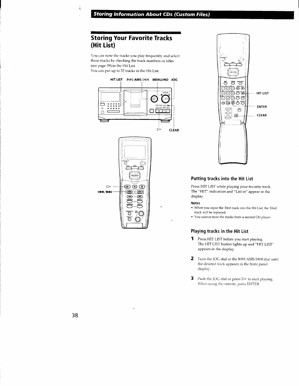 Storing your favorite tracks (hit list), Putting tracks into the hit list, Playing tracks in the hit list | Storing information about cds (custom files), Playing tracks in the hit list 1 | Sony CDP-CX350 User Manual | Page 38 / 42