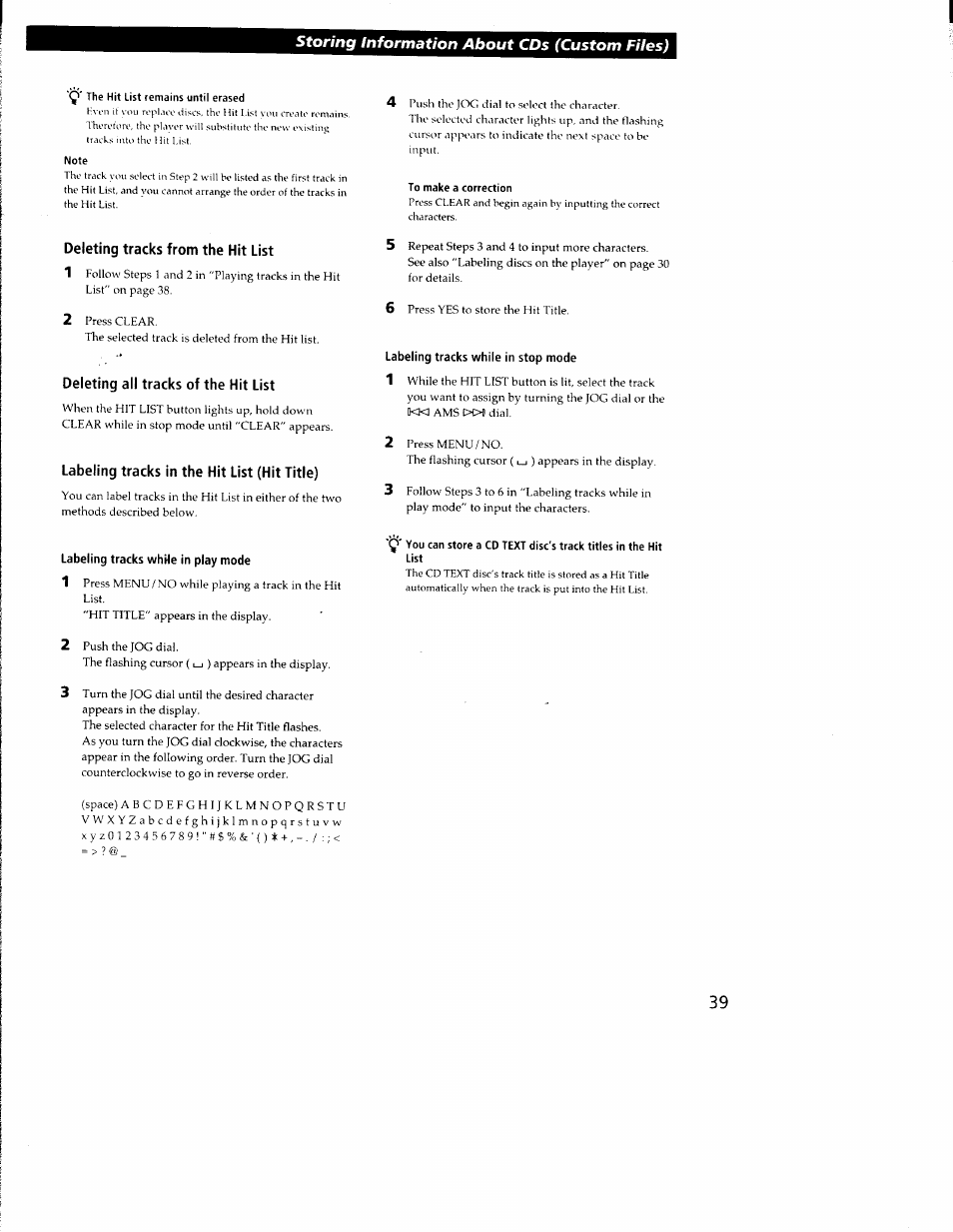 J' the hit list remains until erased, Note, To make a correction | Deleting tracks from the hit list, Deleting all tracks of the hit list, Labeling tracks in the hit list (hit title), Storing information about cds (custom files), Deleting tracks from the hit list 1 | Sony CDP-CX350 User Manual | Page 39 / 42