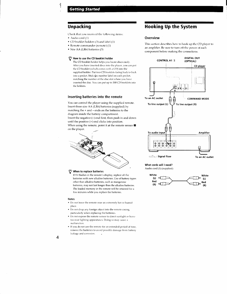 How to use the cd booklet holder, Inserting batteries into the remote, Notes | Hooking up the system, Overview, What cords will i need, Unpacking, Getting started | Sony CDP-CX350 User Manual | Page 4 / 42