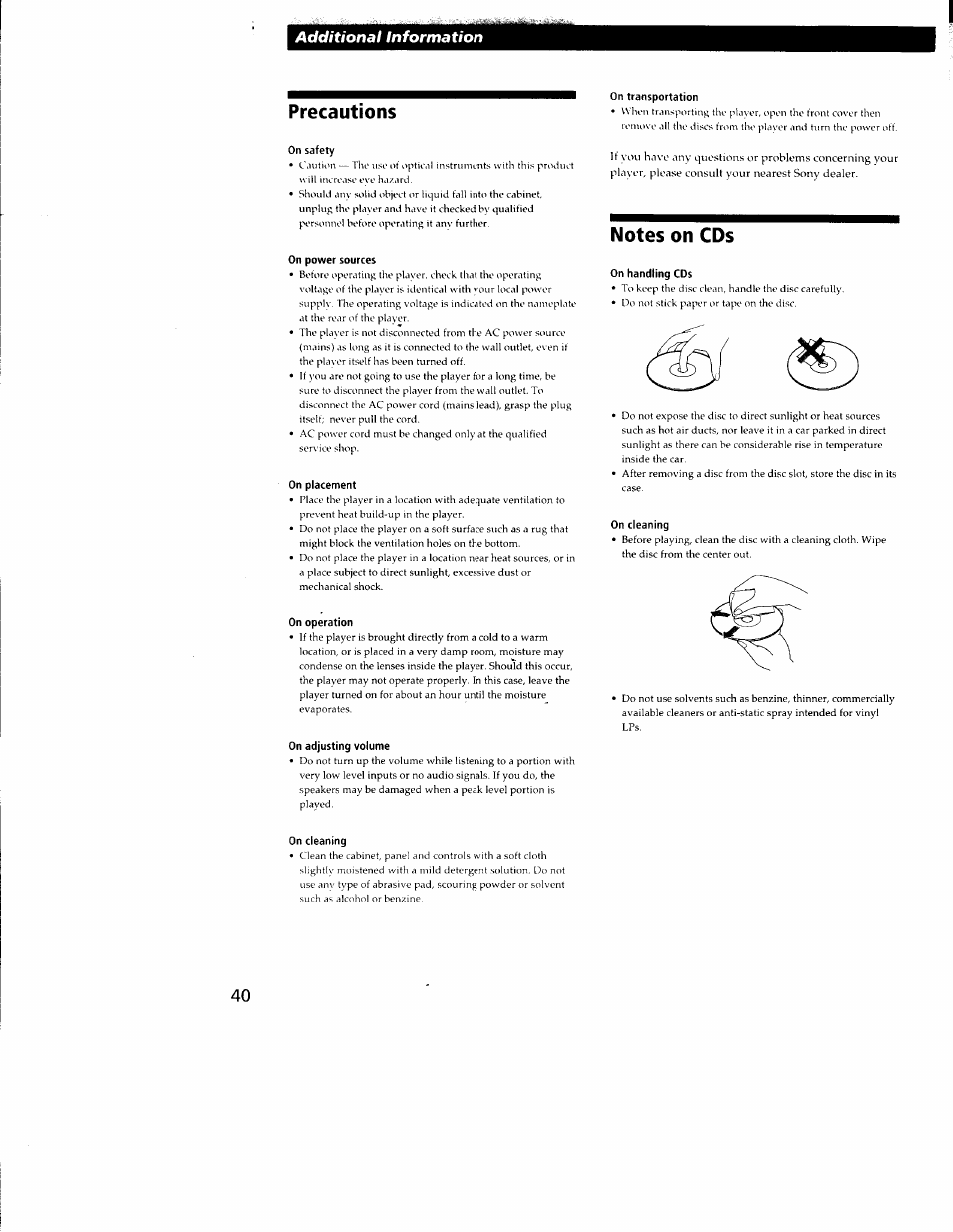 Precautions, On safety, On power sources | On placement, On operation, On adjusting volume, On cleaning, On transportation, Notes on cds, On handling cds | Sony CDP-CX350 User Manual | Page 40 / 42