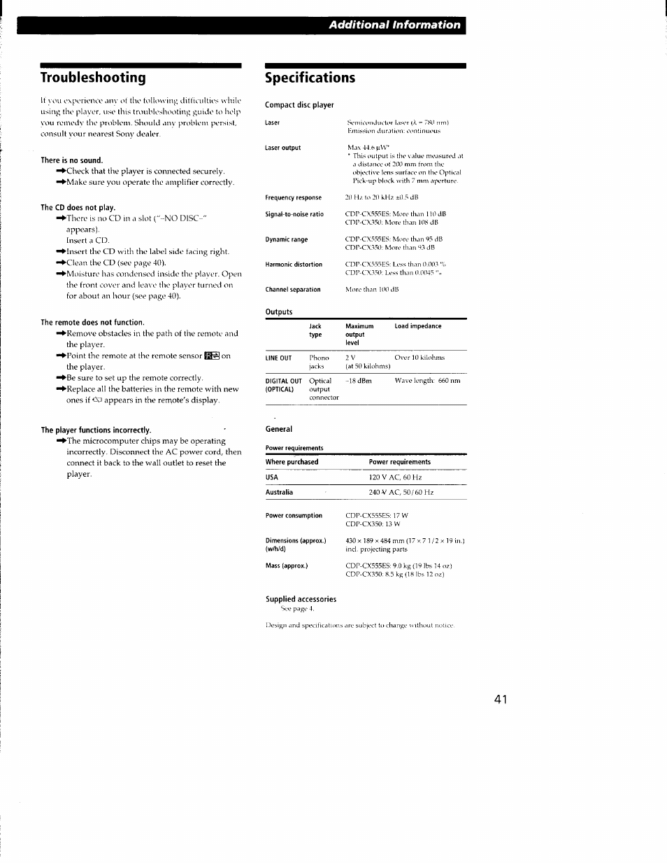 Troubleshooting, There is no sound, The cd does not play | The remote does not function, The player functions incorrectly, Supplied accessories, Specifications, Additional information | Sony CDP-CX350 User Manual | Page 41 / 42