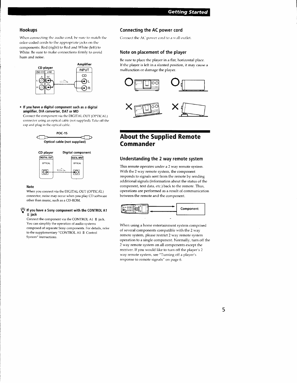 Hookups, Connecting the ac power cord, Note on placement of the player | About the supplied remote commander, Understanding the 2 way remote system, To°i, Getting started | Sony CDP-CX350 User Manual | Page 5 / 42