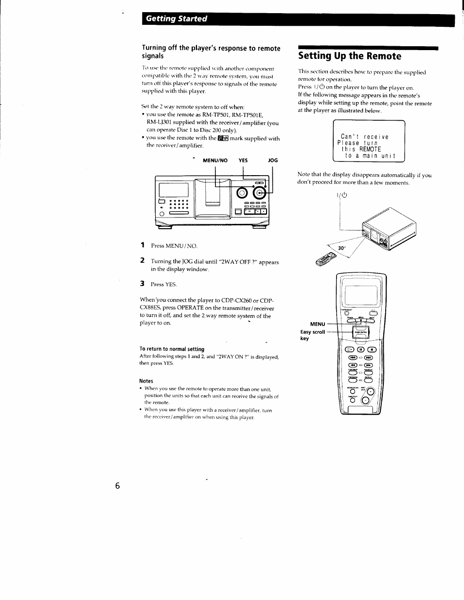 Menu/no, To return to normal setting, Notes | Setting up the remote, Getting started | Sony CDP-CX350 User Manual | Page 6 / 42