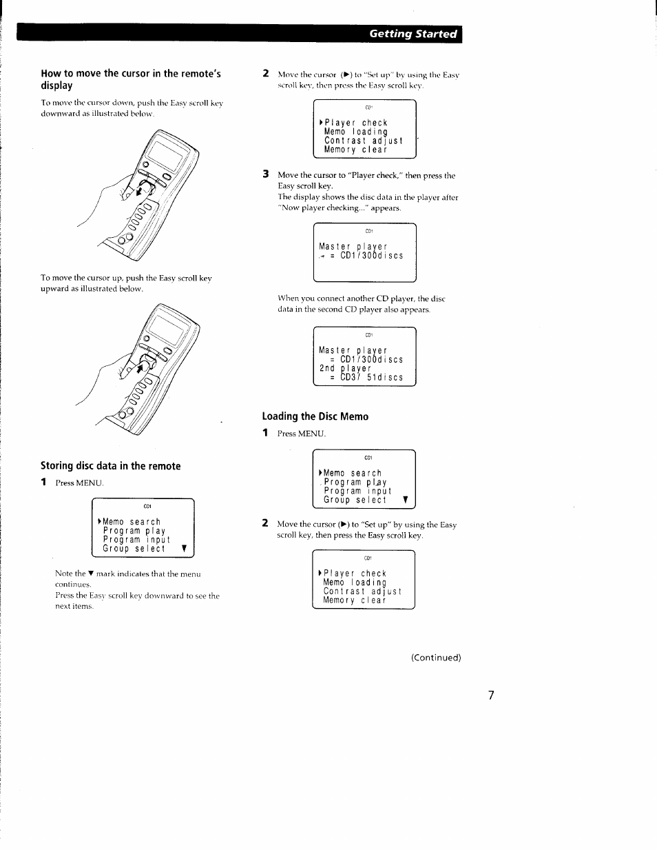 How to move the cursor in the remote's display, Loading the disc memo, Storing disc data in the remote | Getting started | Sony CDP-CX350 User Manual | Page 7 / 42