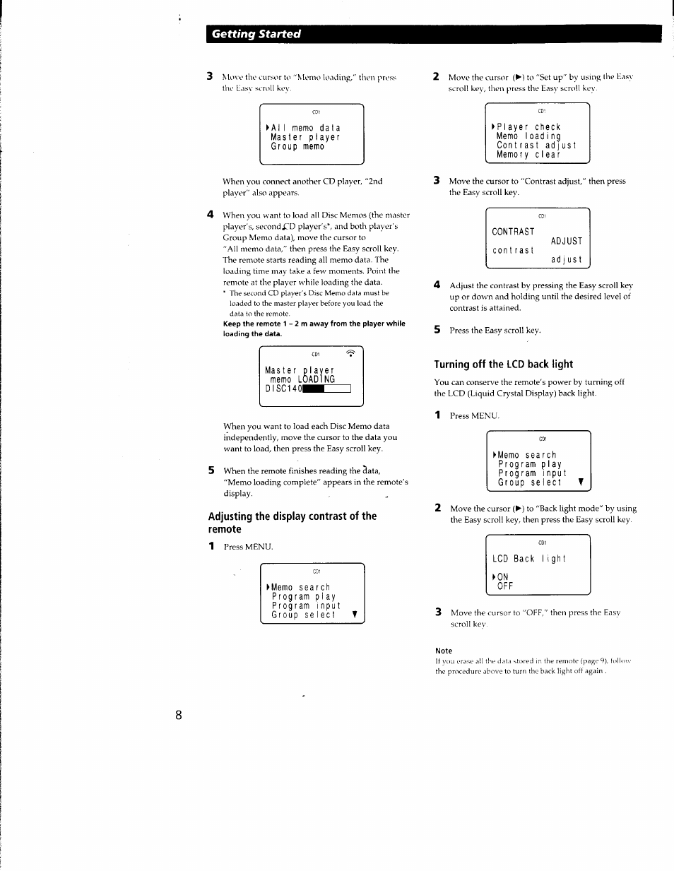 Adjusting the display contrast of the remote, Turning off the lcd back light, Note | Getting started | Sony CDP-CX350 User Manual | Page 8 / 42