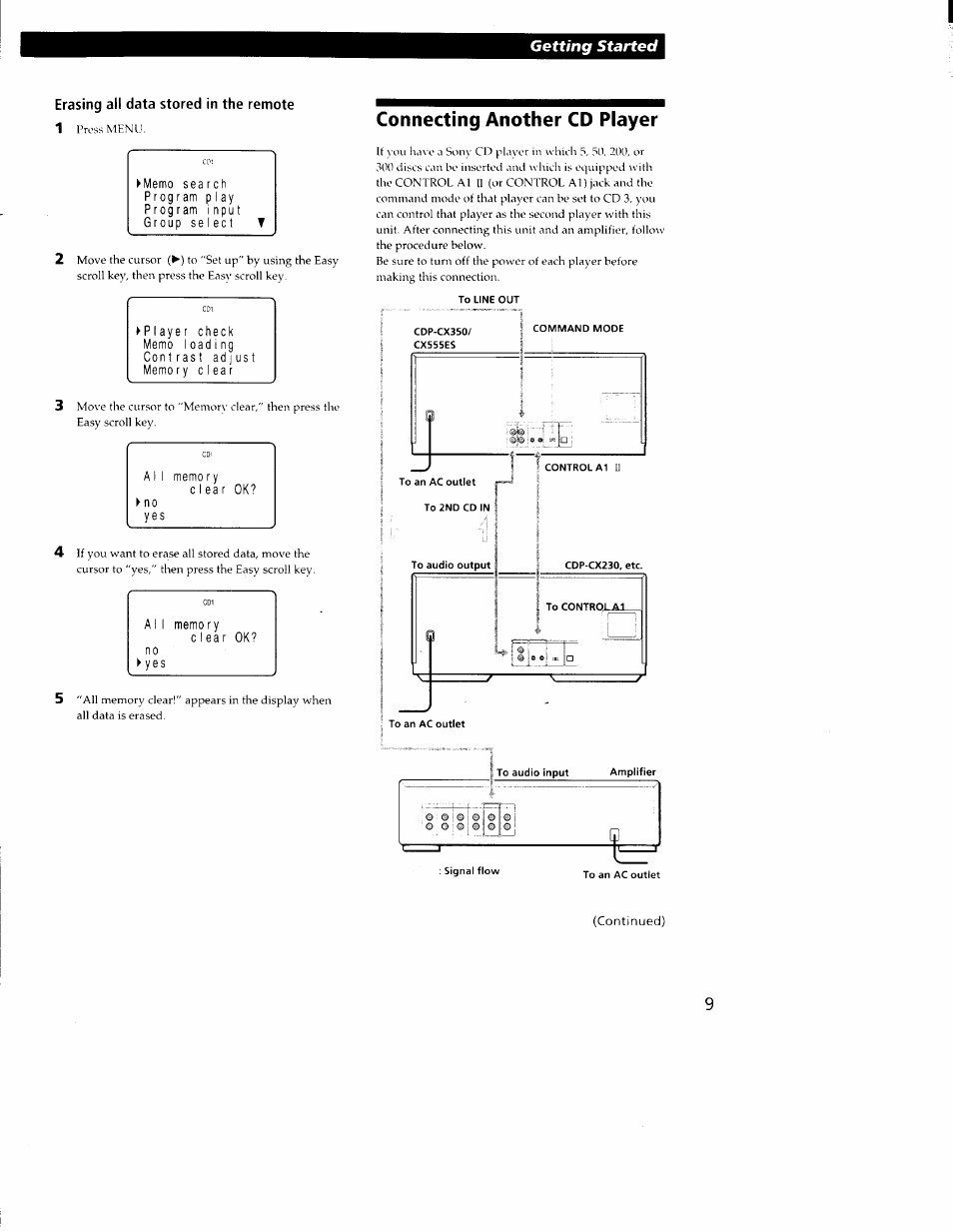 Erasing all data stored in the remote, Connecting another cd player, Getting started | Sony CDP-CX350 User Manual | Page 9 / 42