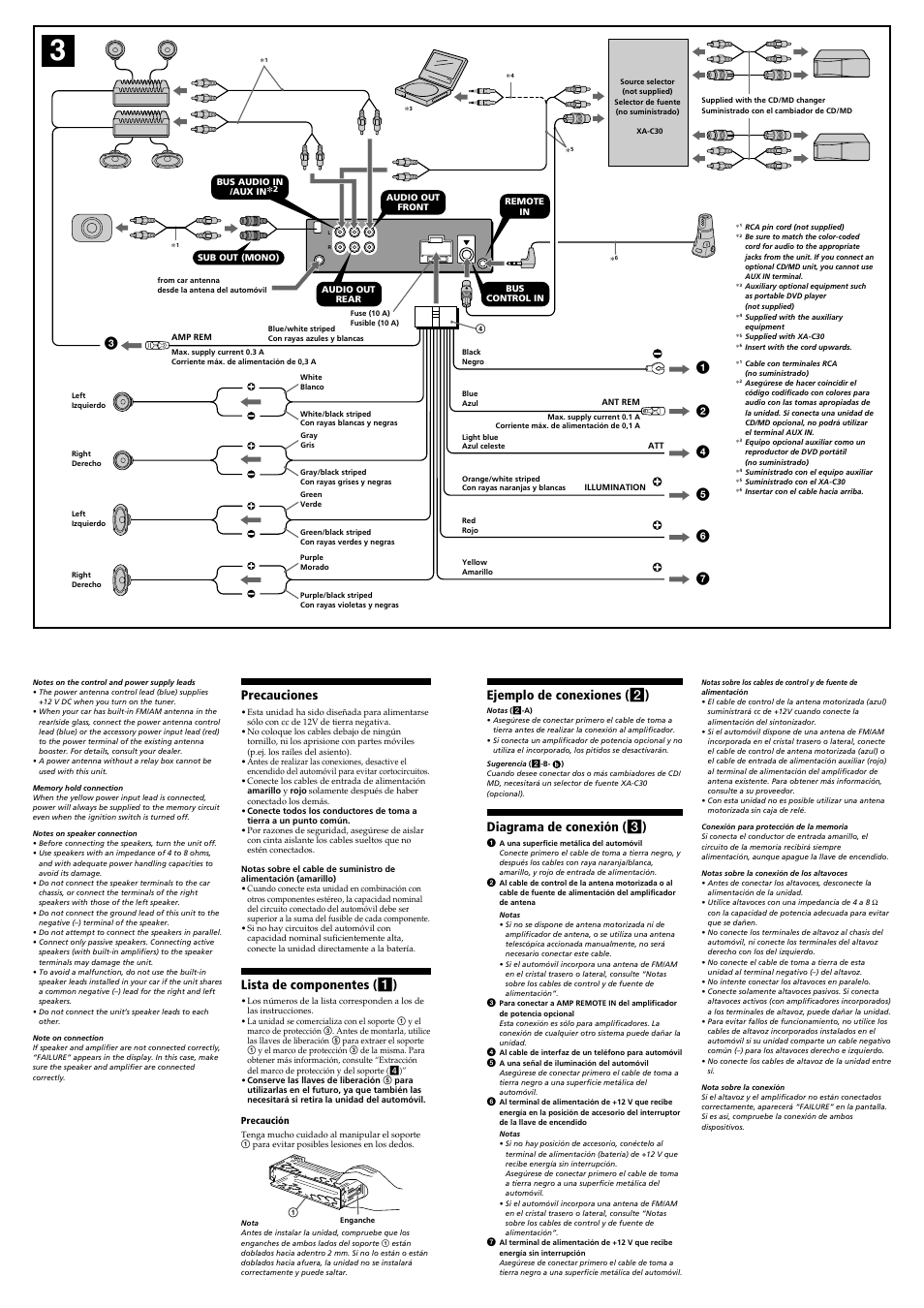 Precauciones, Lista de componentes ( 1 ), Ejemplo de conexiones ( 2 ) | Diagrama de conexión ( 3 ) | Sony CDX-FW570 User Manual | Page 2 / 4