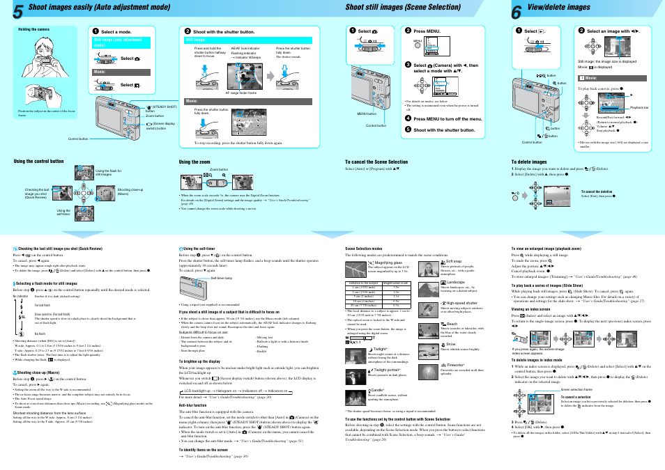 60min, Mode, Wb iso | Back/next, Volume vga, Std 6 4 0 stop rev/cue volume, Single display, Shoot images easily (auto adjustment mode), Shoot still images (scene selection), View/delete images | Sony DSC-T9 User Manual | Page 2 / 2