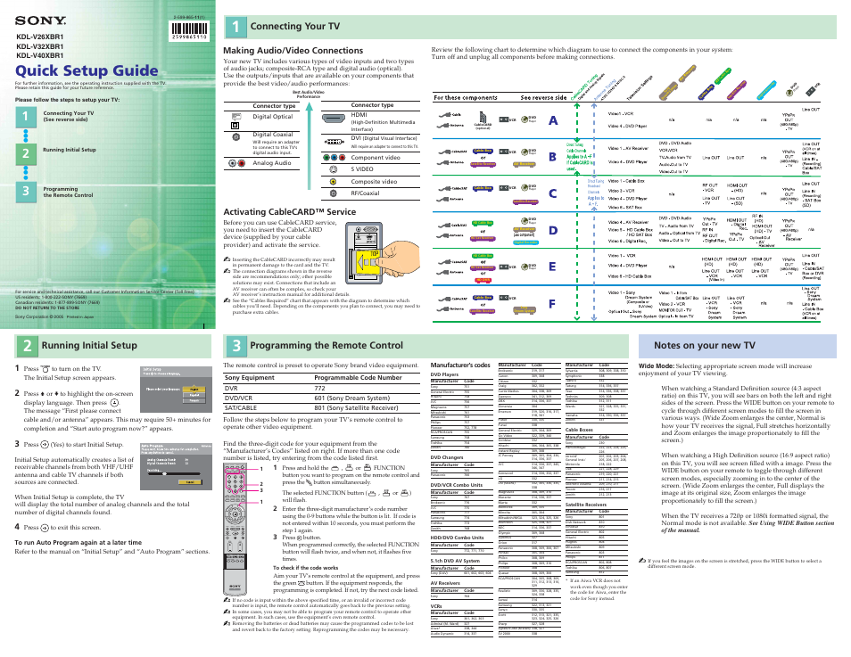 Sony KDL-V26XBR1 User Manual | 2 pages