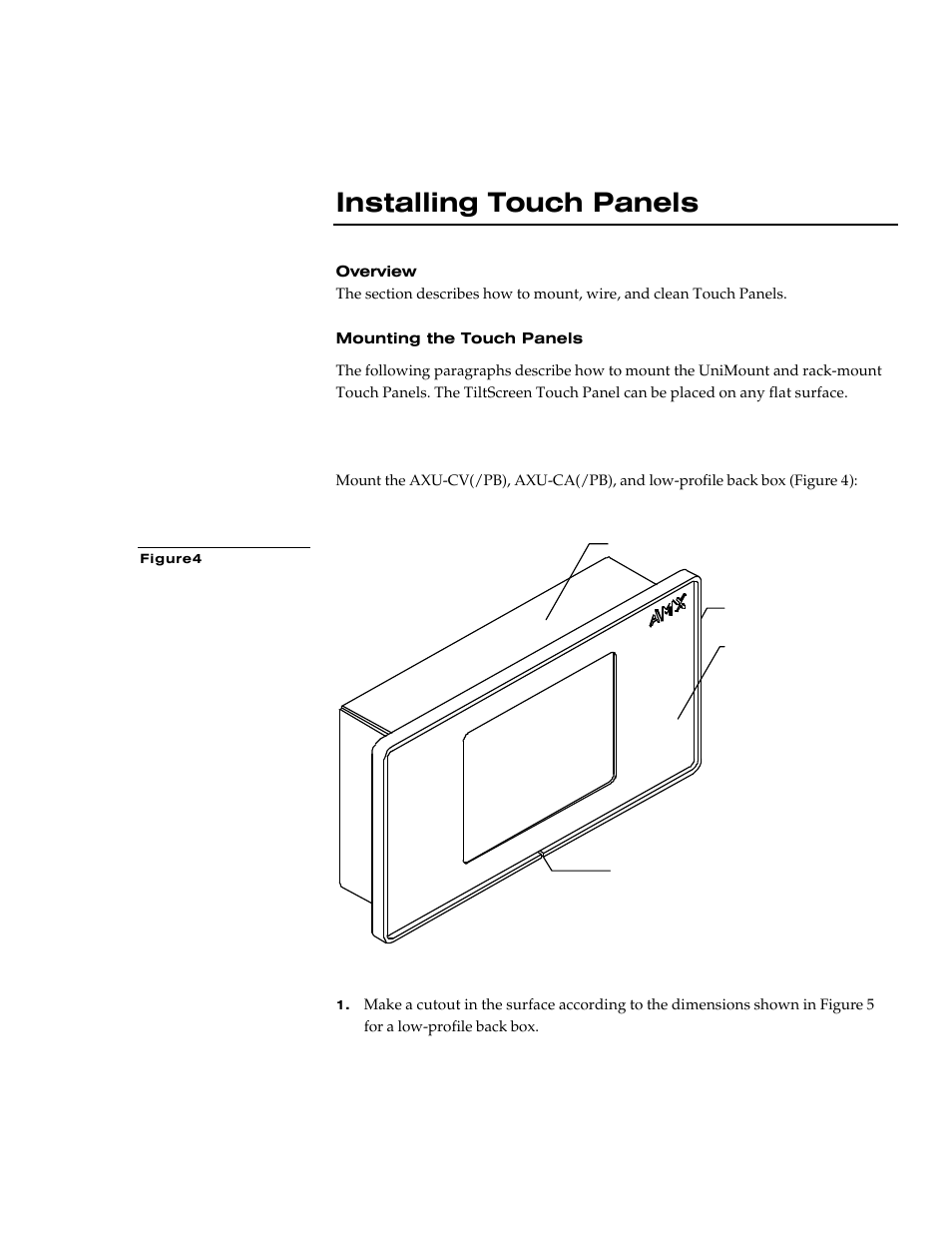 Installing touch panels, Overview, Mounting the touch panels | Axu-cv(/pb), axu-ca(/pb), and low-profile back box | AMX G3 User Manual | Page 13 / 172