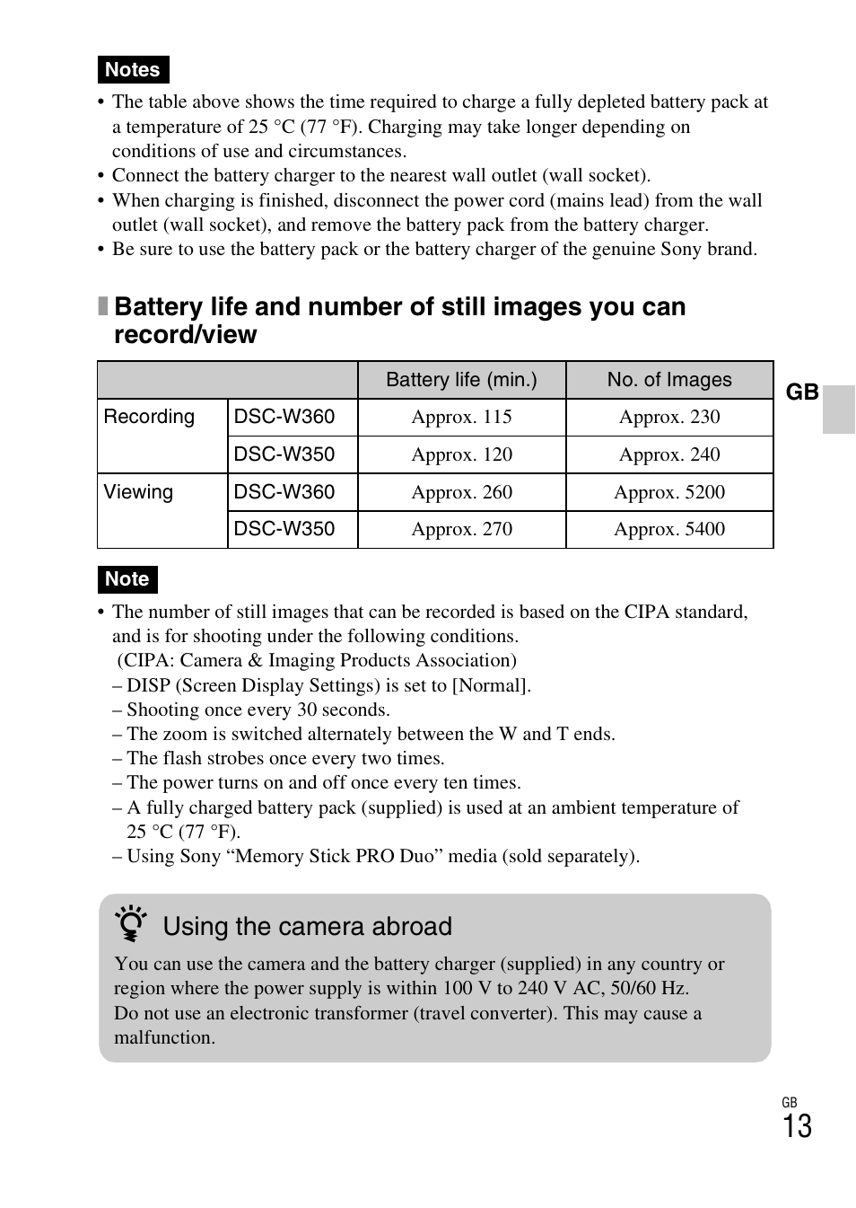 Using the camera abroad | Sony DSC-W350 User Manual | Page 13 / 56