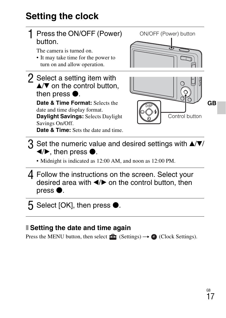 Setting the clock | Sony DSC-W350 User Manual | Page 17 / 56